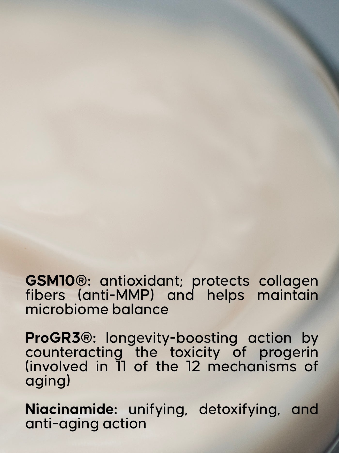 Tekst, mis kirjeldab GSM10, ProGR3 ja Niacinamide funktsioone hägusal taustal 